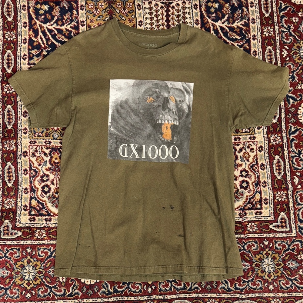 GX1000 Olive Green skull & fire Graphic T shirt Tee skateboard skate